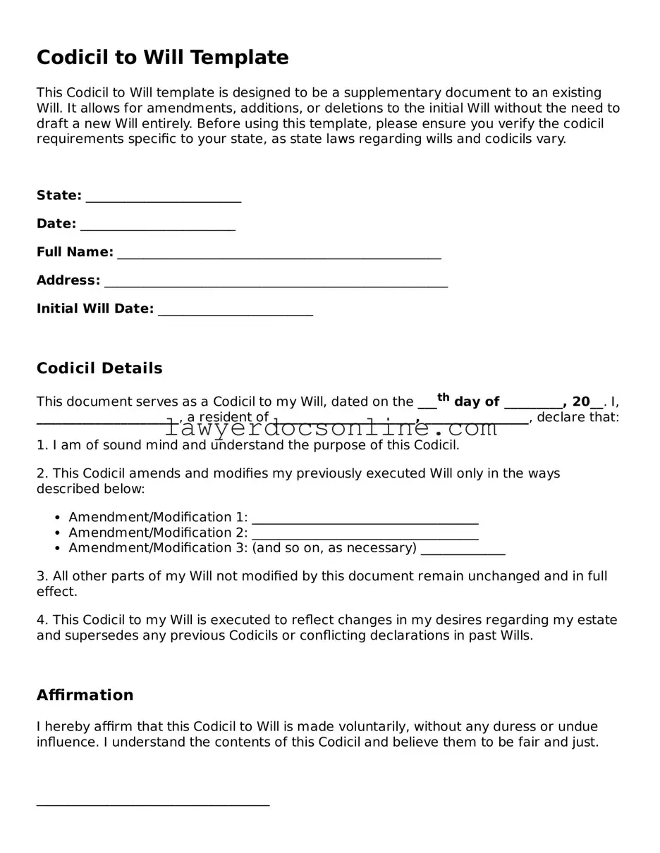 Free Codicil to Will Document