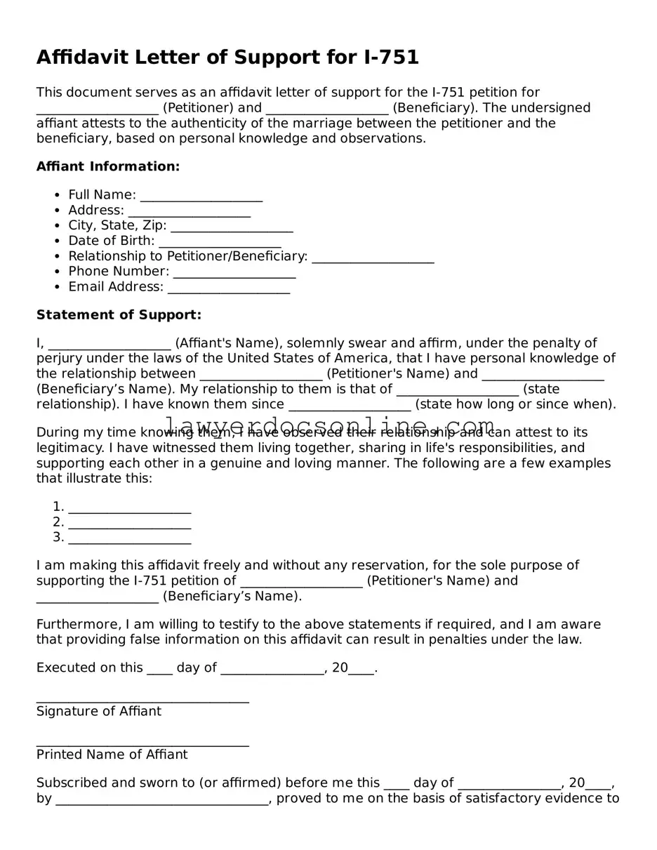 Free Affidavit Letter of Support for I-751 Document