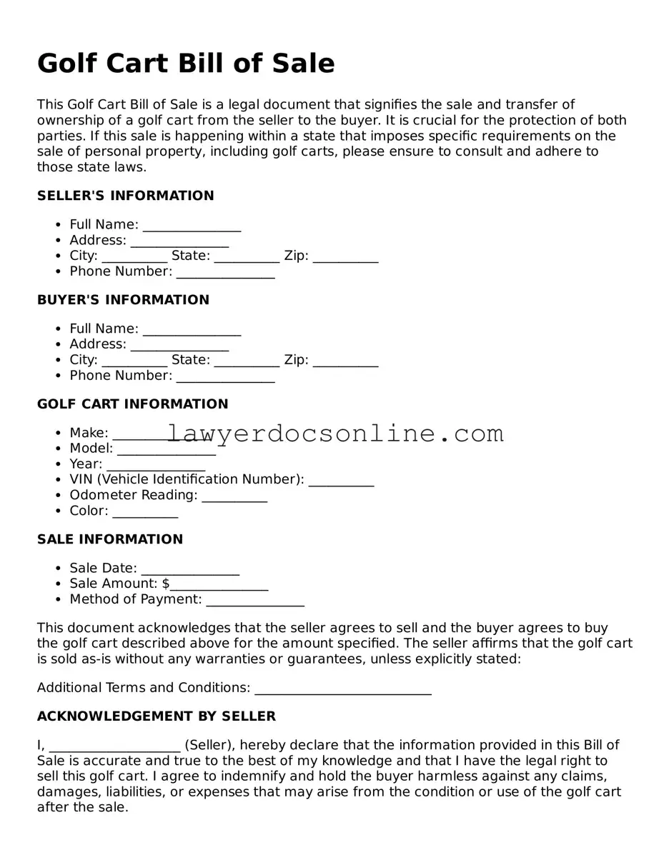 Free Golf Cart Bill of Sale Document