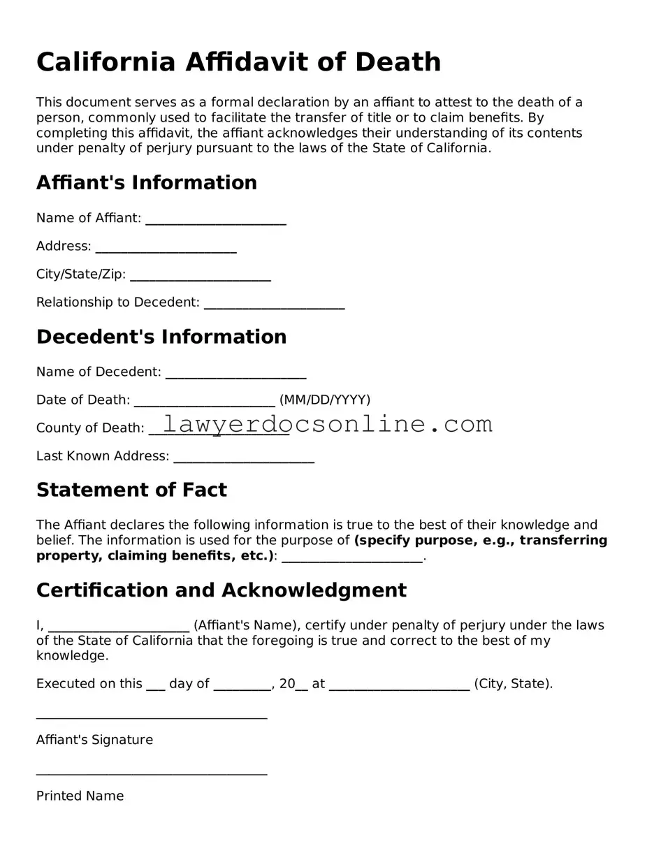 Legal  Affidavit of Death Form for California