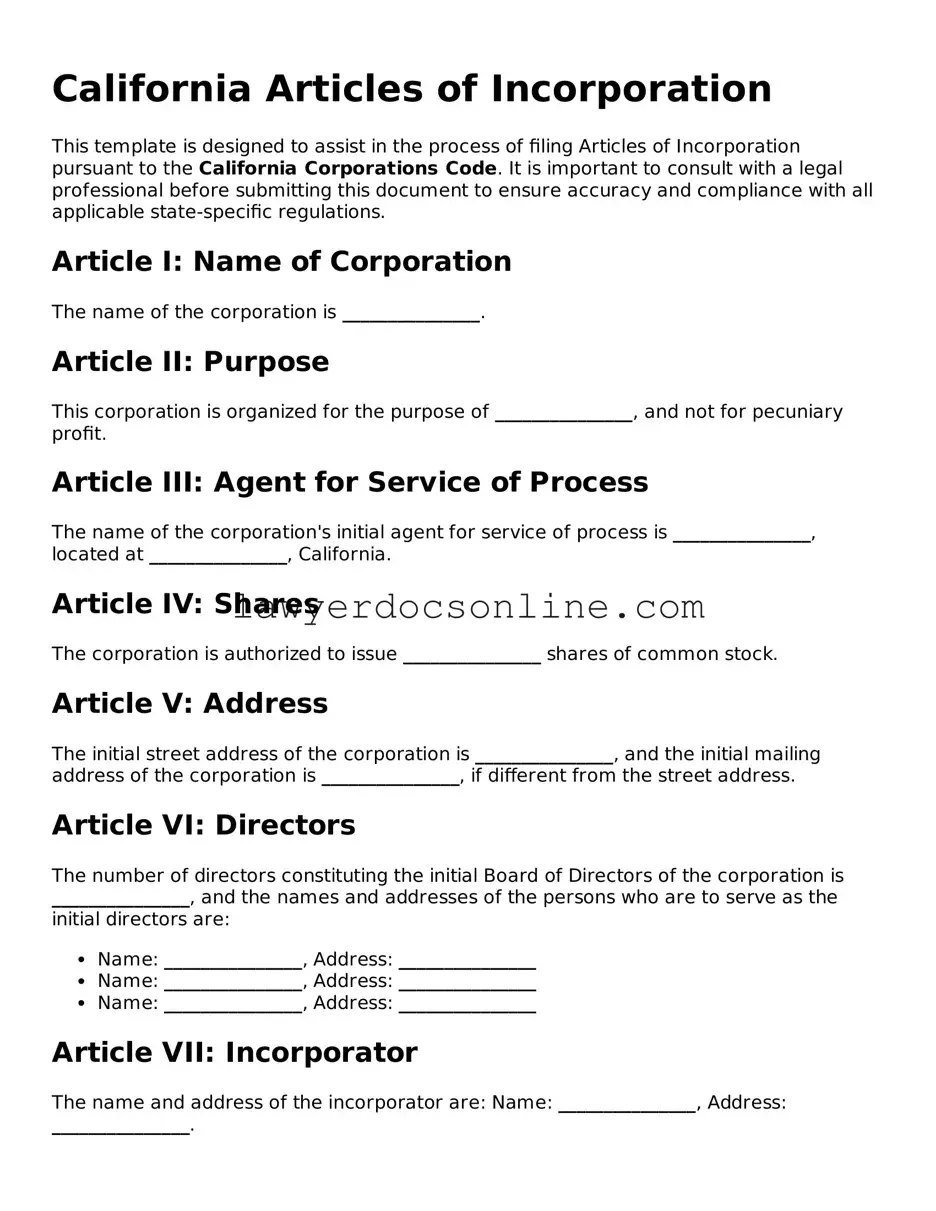 Legal  Articles of Incorporation Form for California