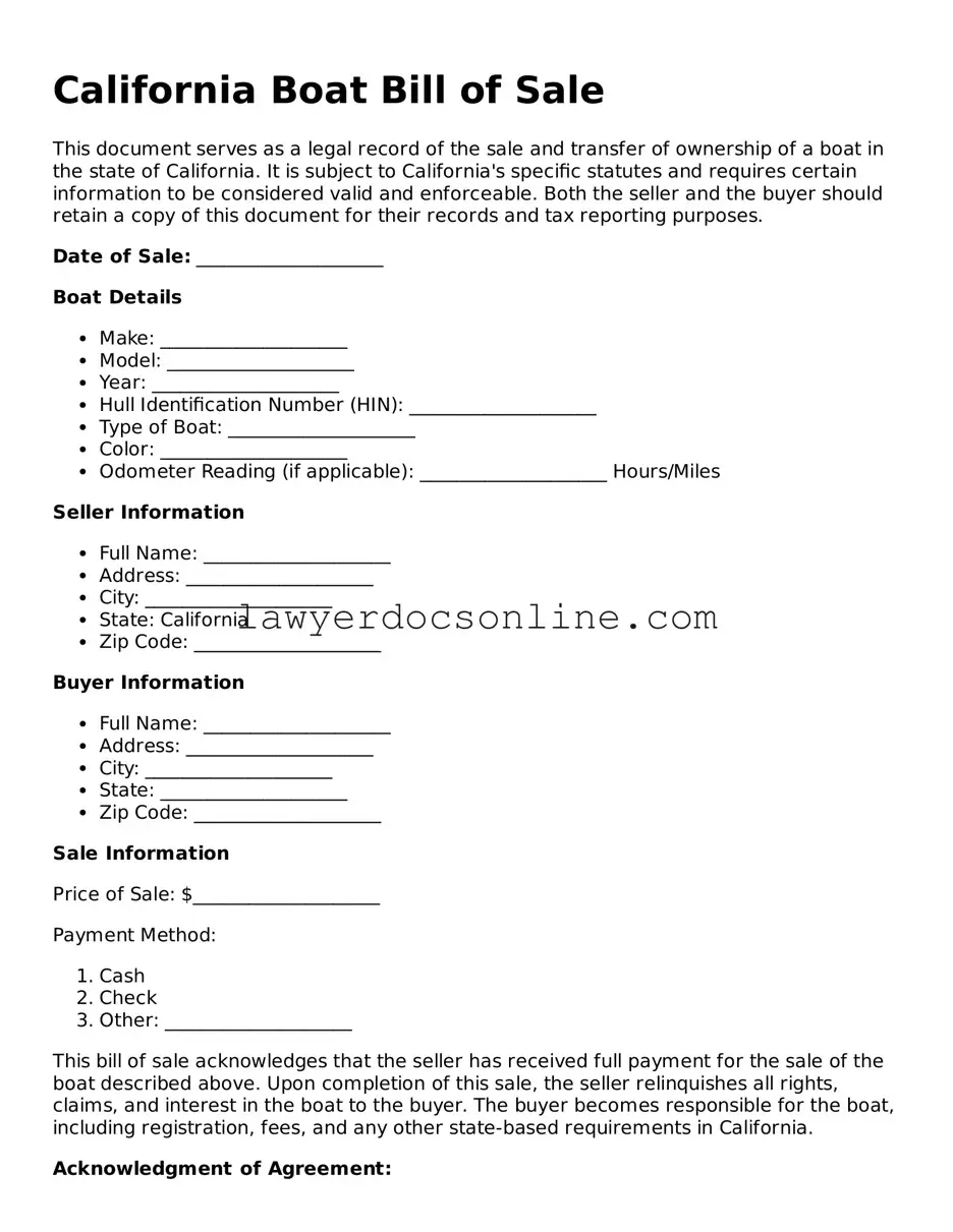Legal  Boat Bill of Sale Form for California