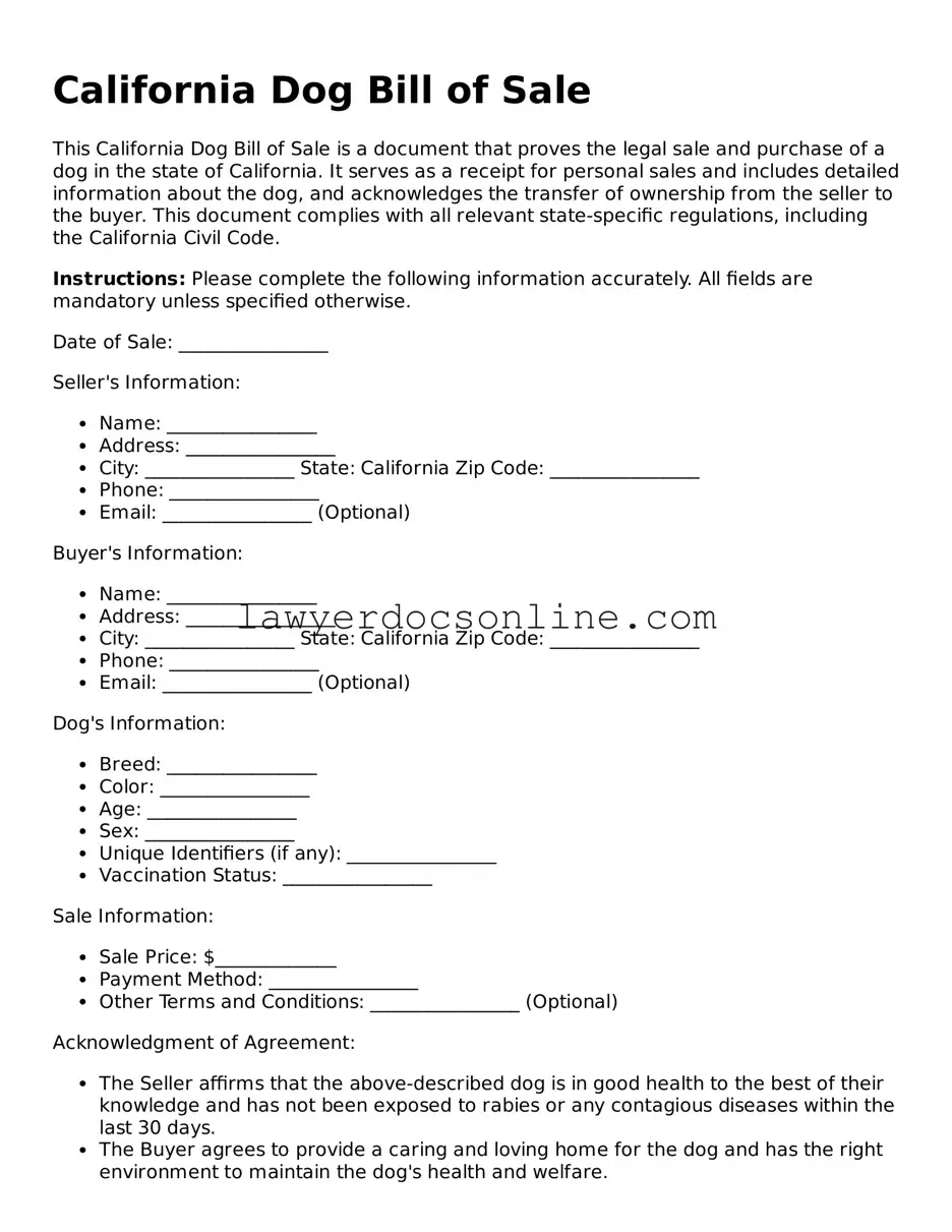 Legal  Dog Bill of Sale Form for California