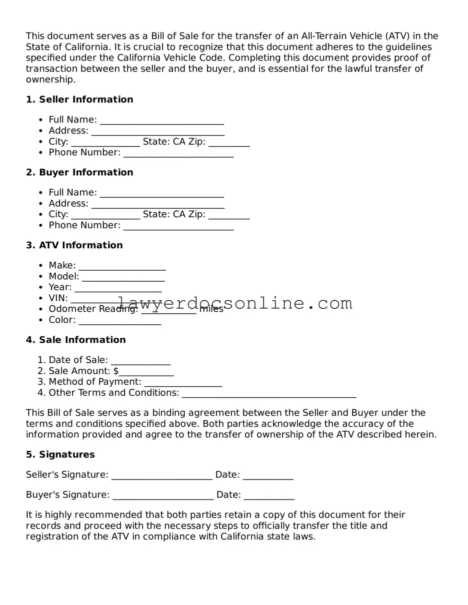 Legal  ATV Bill of Sale Form for California