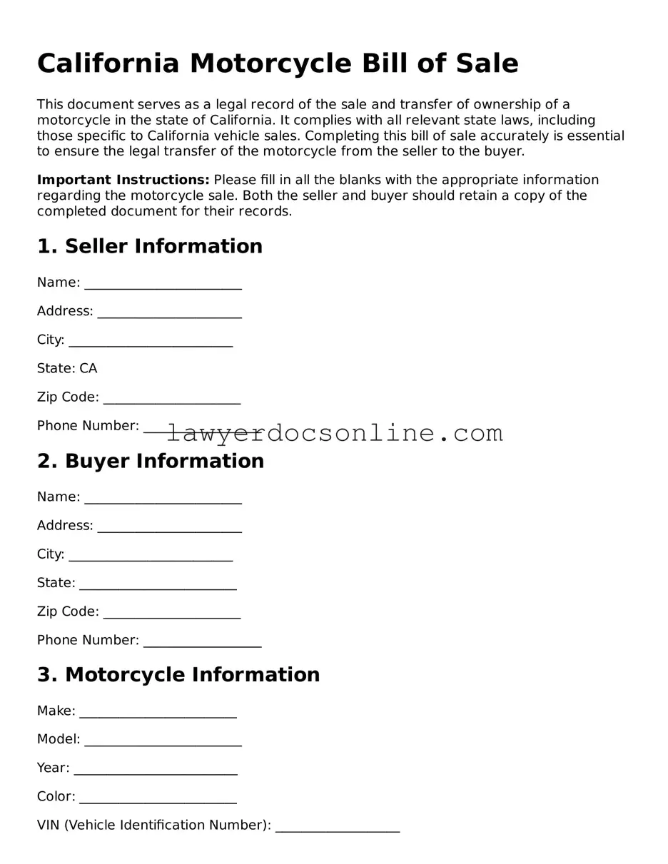 Legal  Motorcycle Bill of Sale Form for California