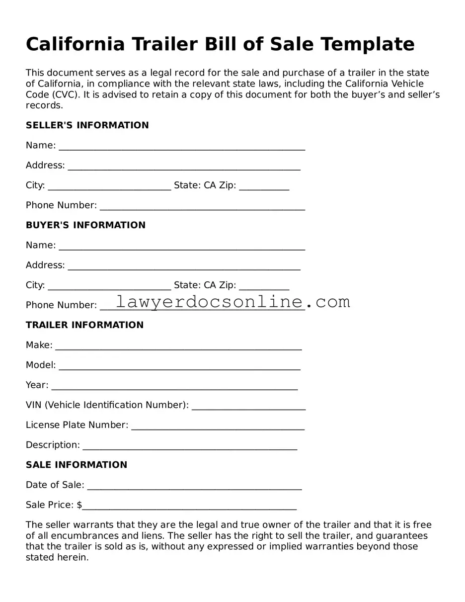 Legal  Trailer Bill of Sale Form for California