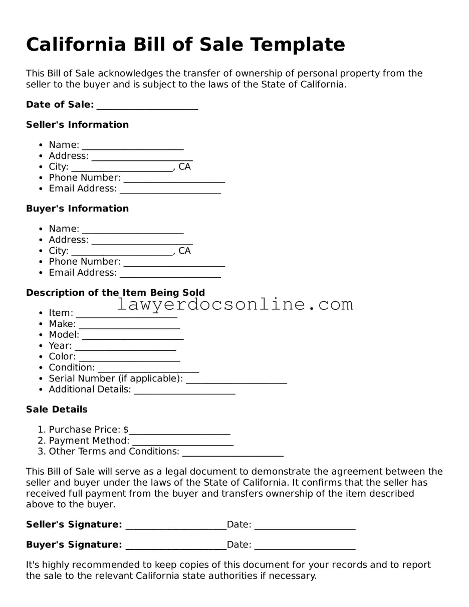 Legal  Bill of Sale Form for California