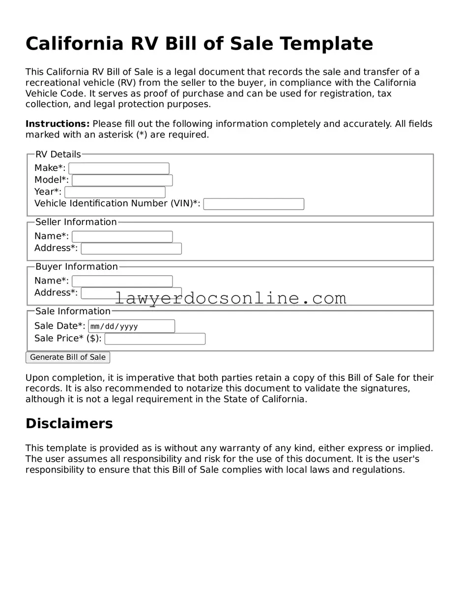 Legal  RV Bill of Sale Form for California