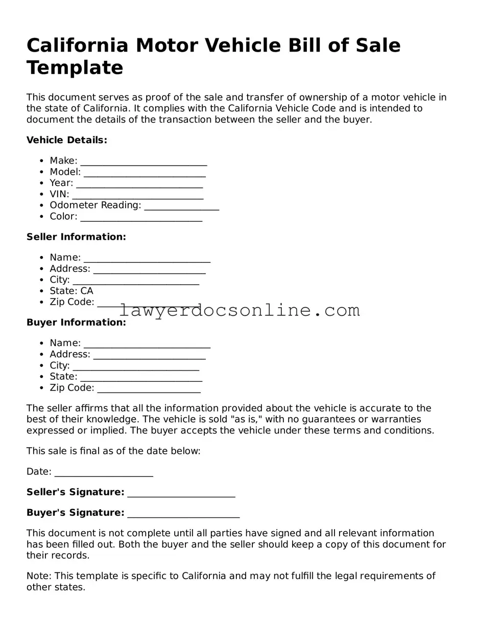 Legal  Motor Vehicle Bill of Sale Form for California