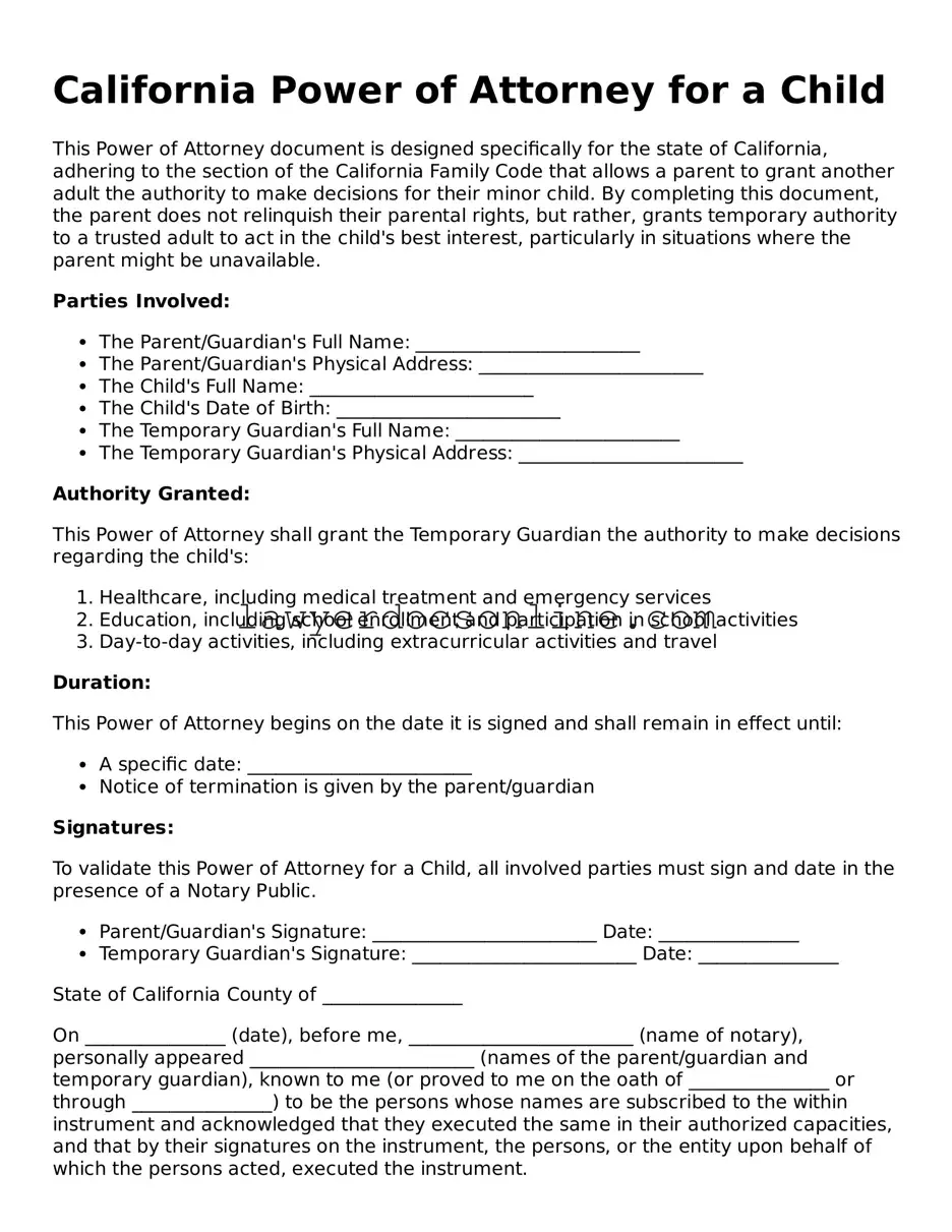 Legal  Power of Attorney for a Child Form for California