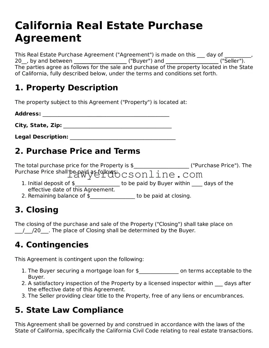 Legal  Real Estate Purchase Agreement Form for California