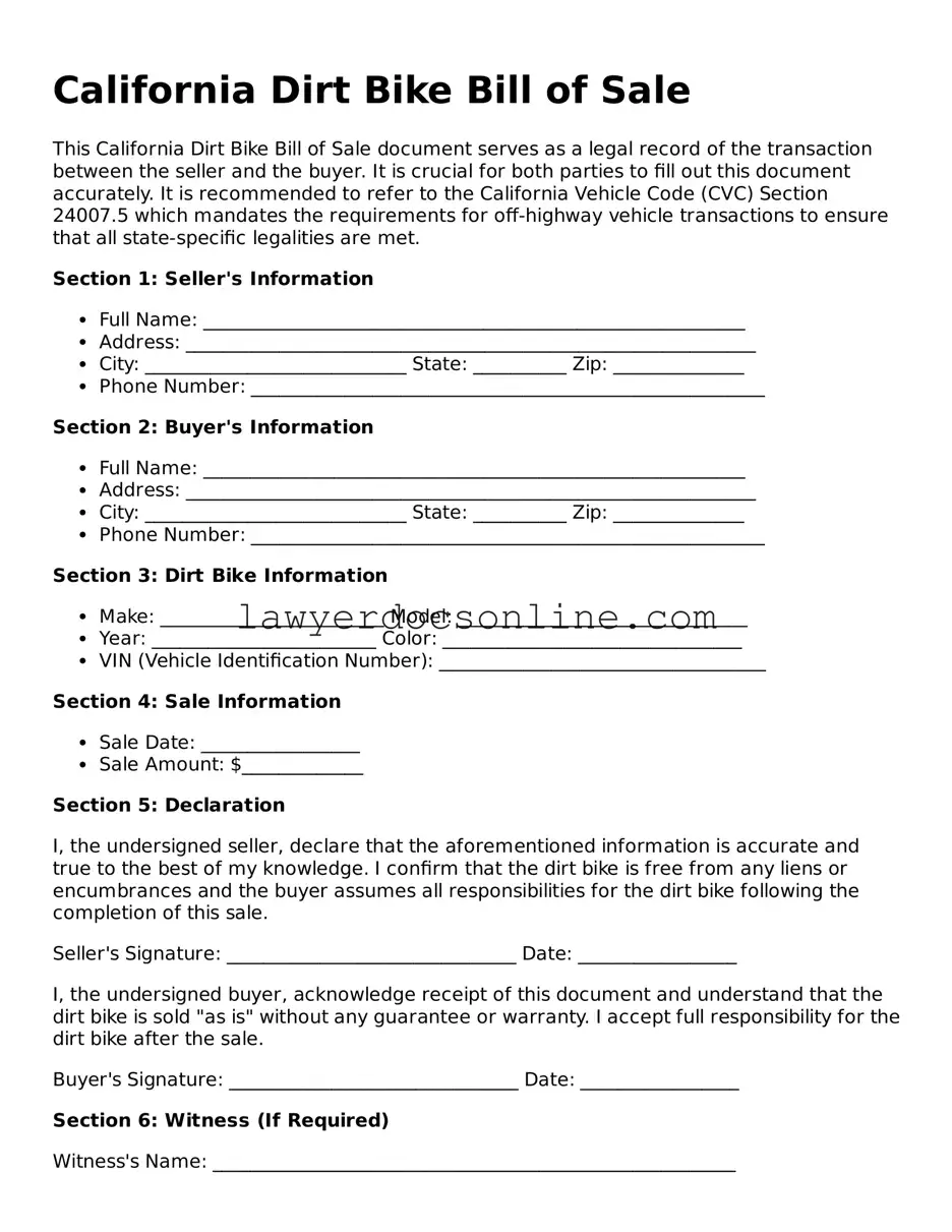 Legal  Dirt Bike Bill of Sale Form for California