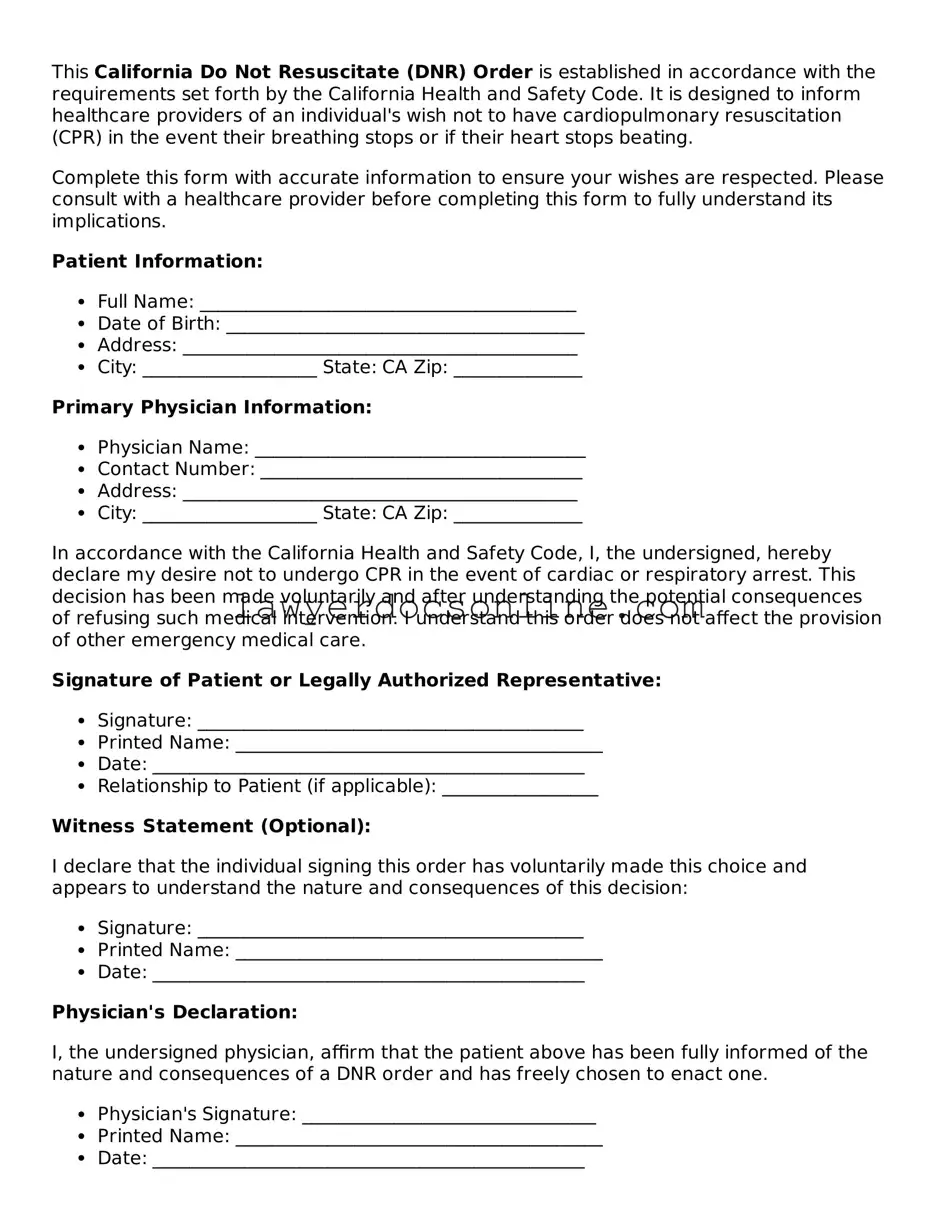 Legal  Do Not Resuscitate Order Form for California