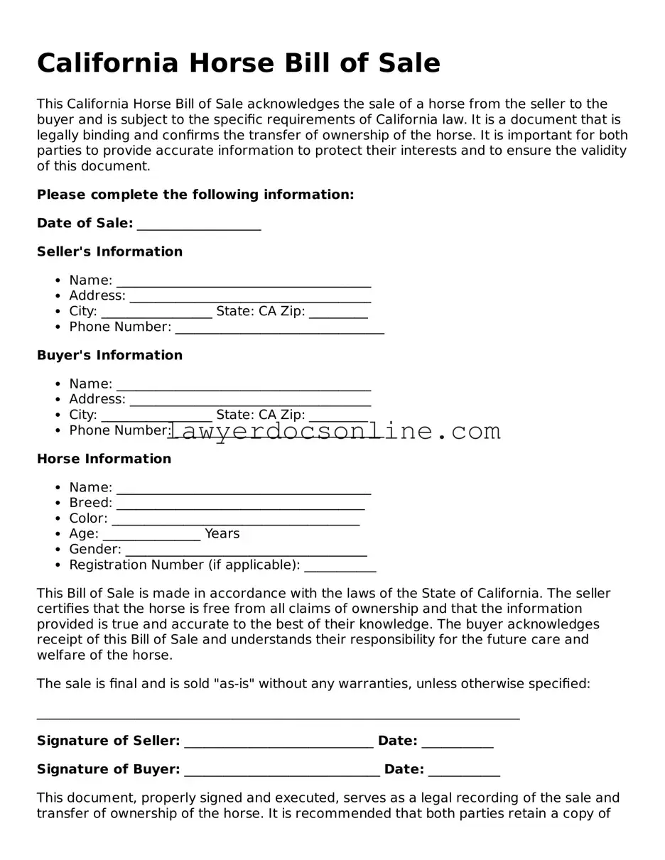 Legal  Horse Bill of Sale Form for California