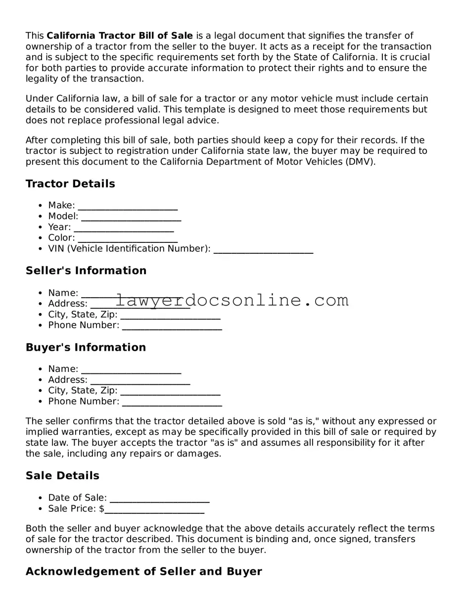 Legal  Tractor Bill of Sale Form for California