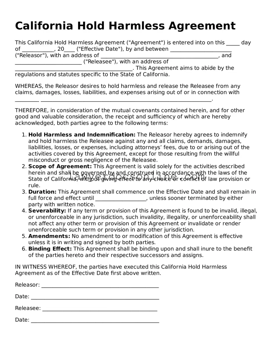 Legal  Hold Harmless Agreement Form for California