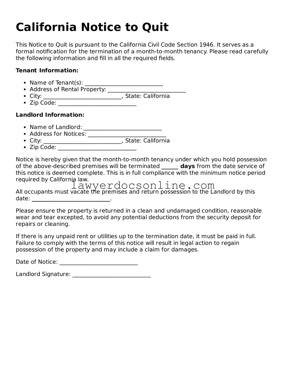 Legal  Notice to Quit Form for California