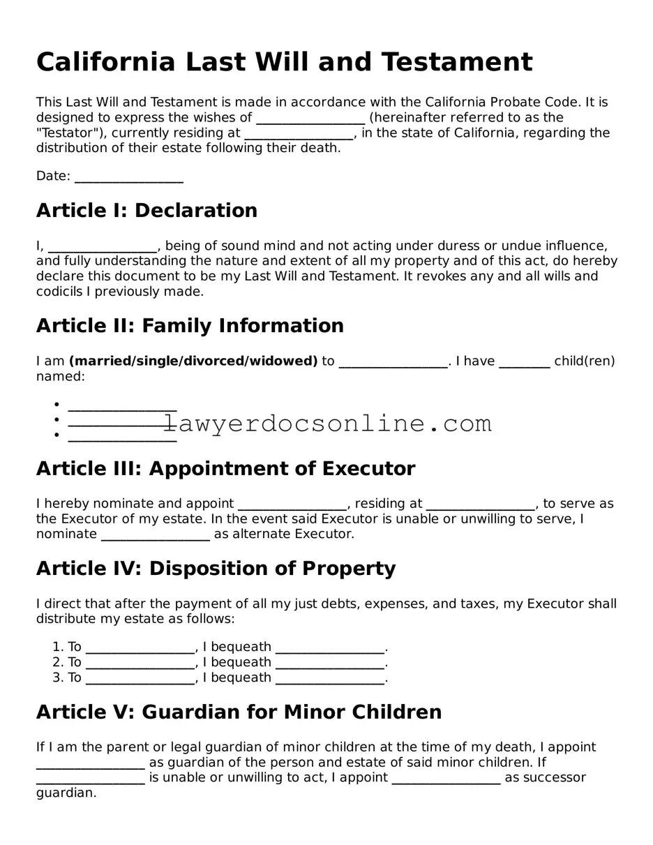 Legal  Last Will and Testament Form for California