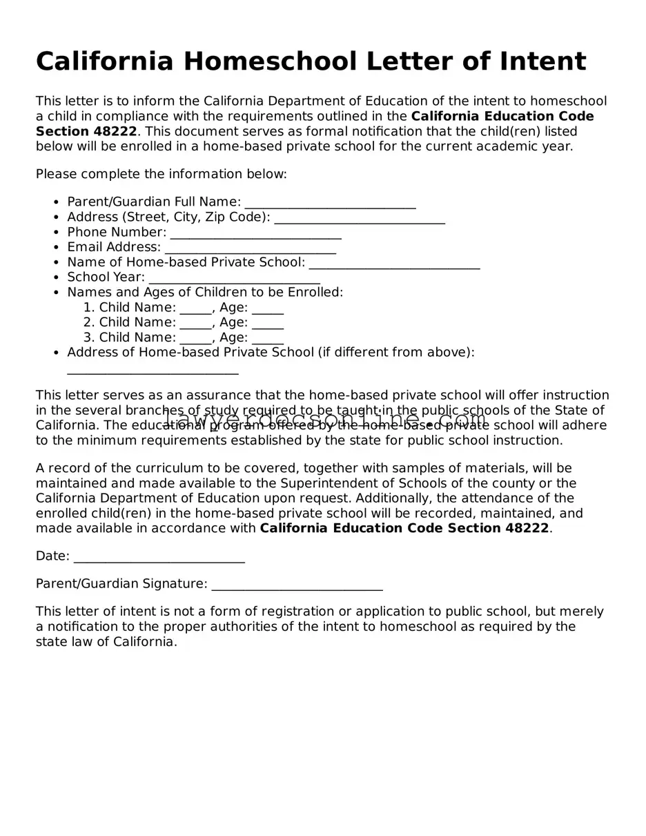Legal  Homeschool Letter of Intent Form for California