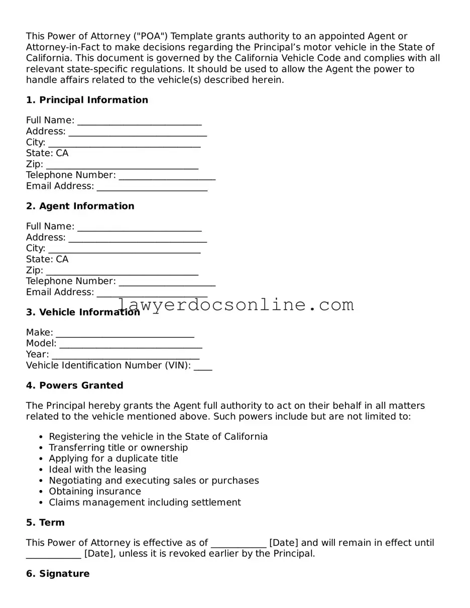 Legal  Motor Vehicle Power of Attorney Form for California