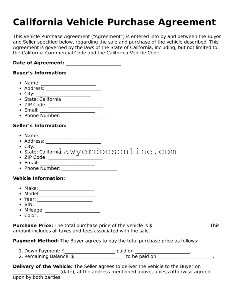 Legal  Vehicle Purchase Agreement Form for California
