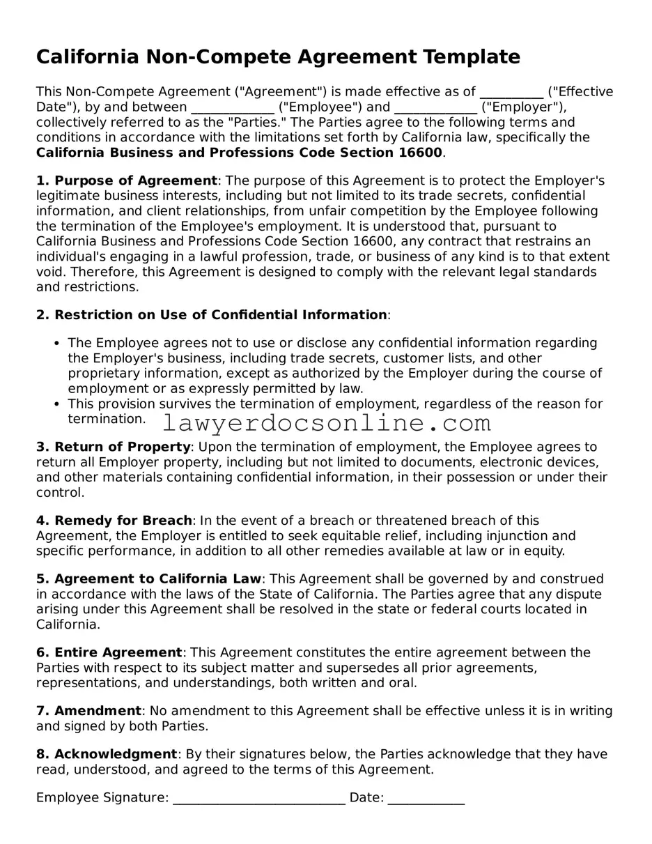 Legal  Non-compete Agreement Form for California