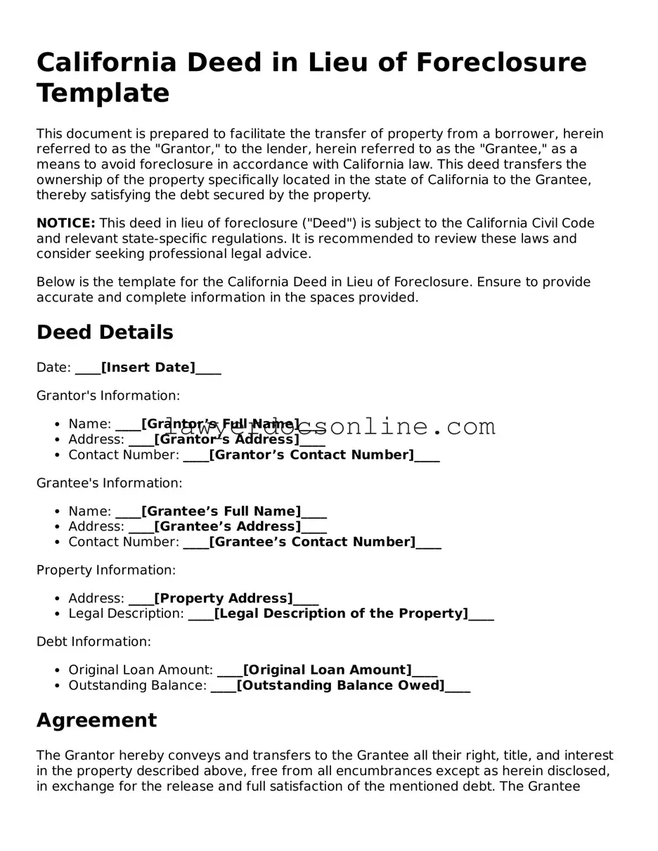Legal  Deed in Lieu of Foreclosure Form for California