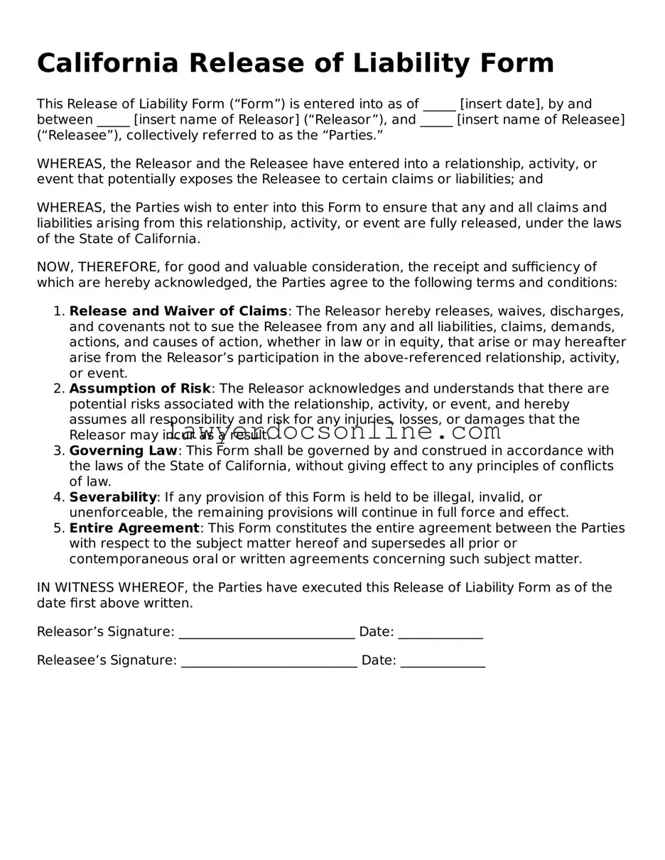 Legal  Release of Liability Form for California