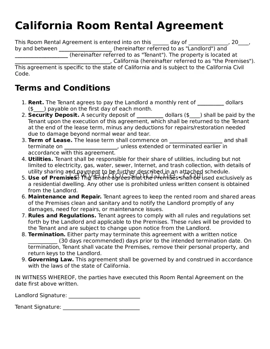Legal  Room Rental Agreement Form for California