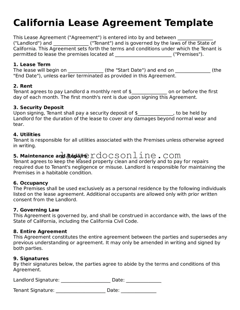 Legal  Lease Agreement Form for California