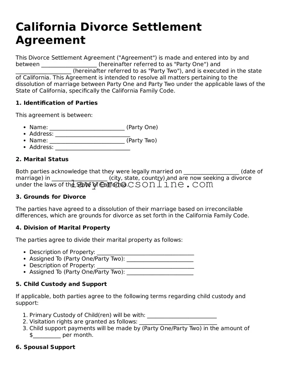 Legal  Divorce Settlement Agreement Form for California