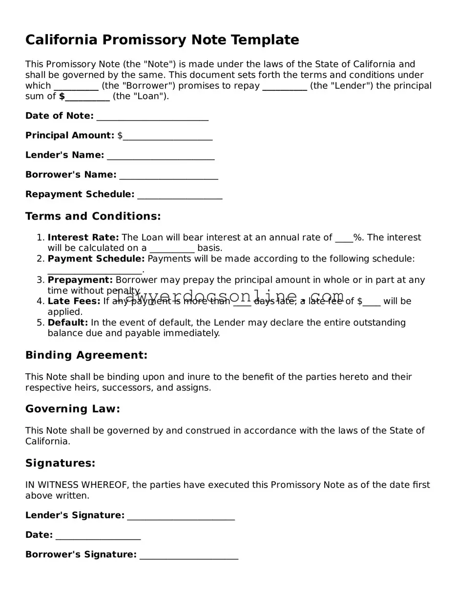 Legal  Promissory Note Form for California