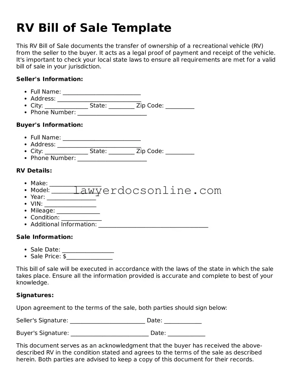Free RV Bill of Sale Document