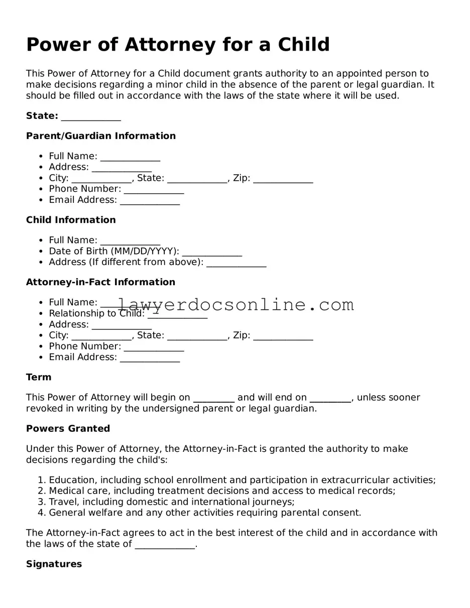 Free Power of Attorney for a Child Document