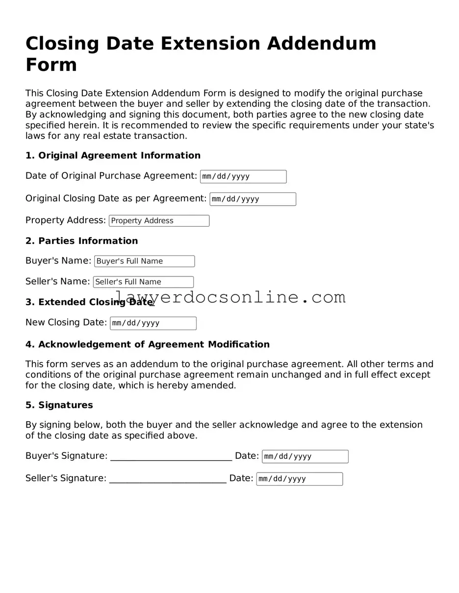 Free Closing Date Extension Addendum Form Document
