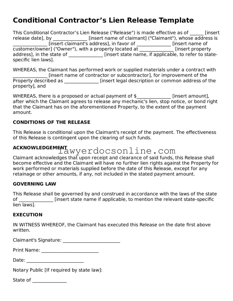 Free Conditional Contractor’s Lien Release Document