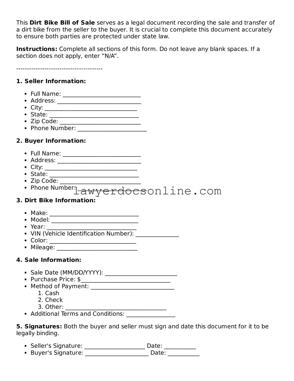 Free Dirt Bike Bill of Sale Document