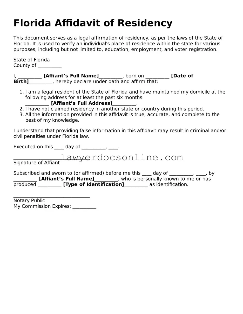 Legal  Affidavit of Residency Form for Florida