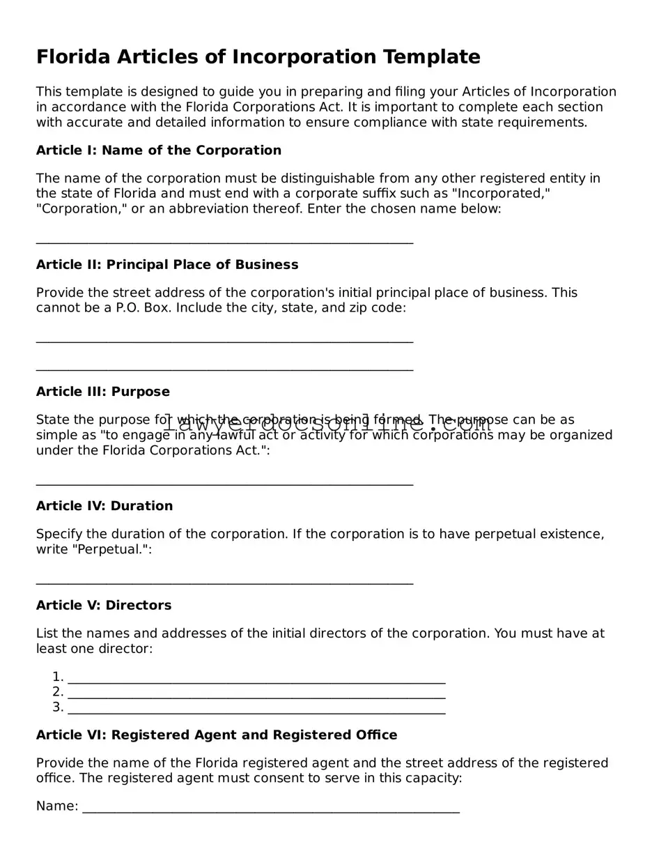 Legal  Articles of Incorporation Form for Florida