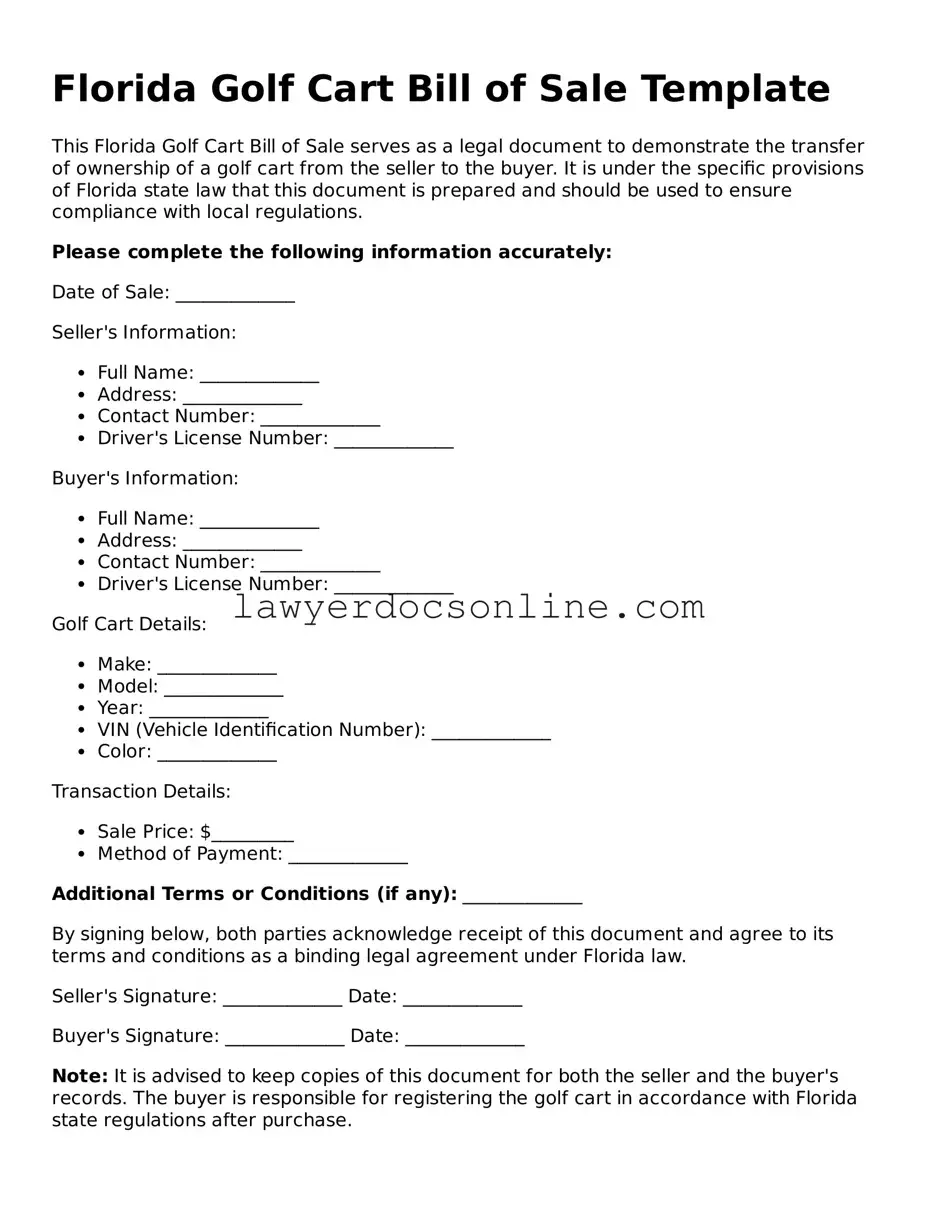 Legal  Golf Cart Bill of Sale Form for Florida