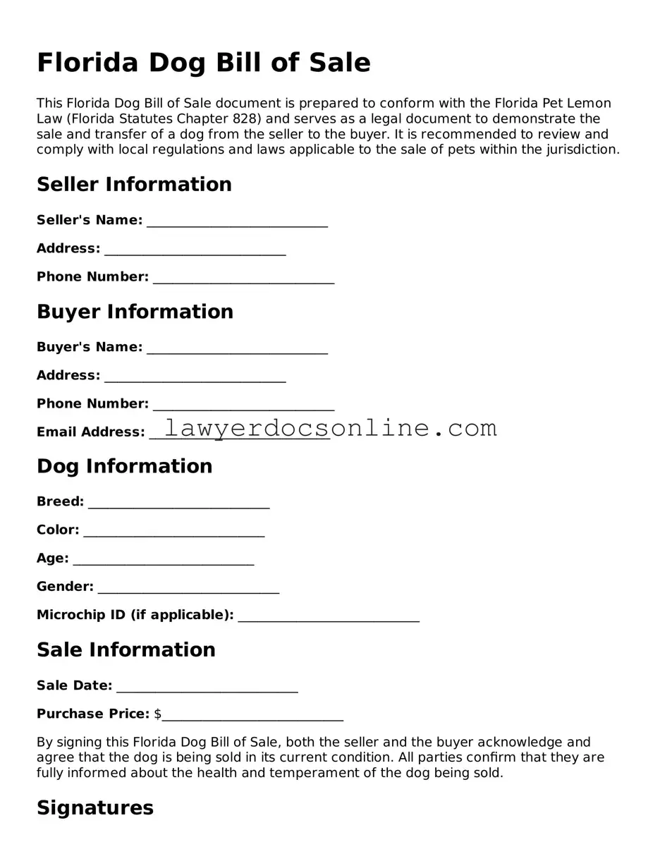 Legal  Dog Bill of Sale Form for Florida