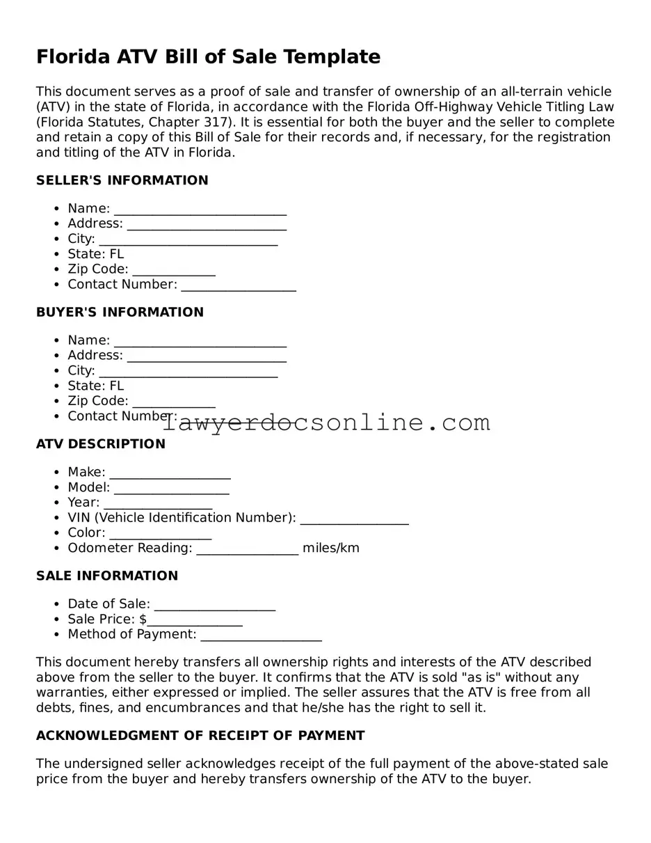 Legal  ATV Bill of Sale Form for Florida