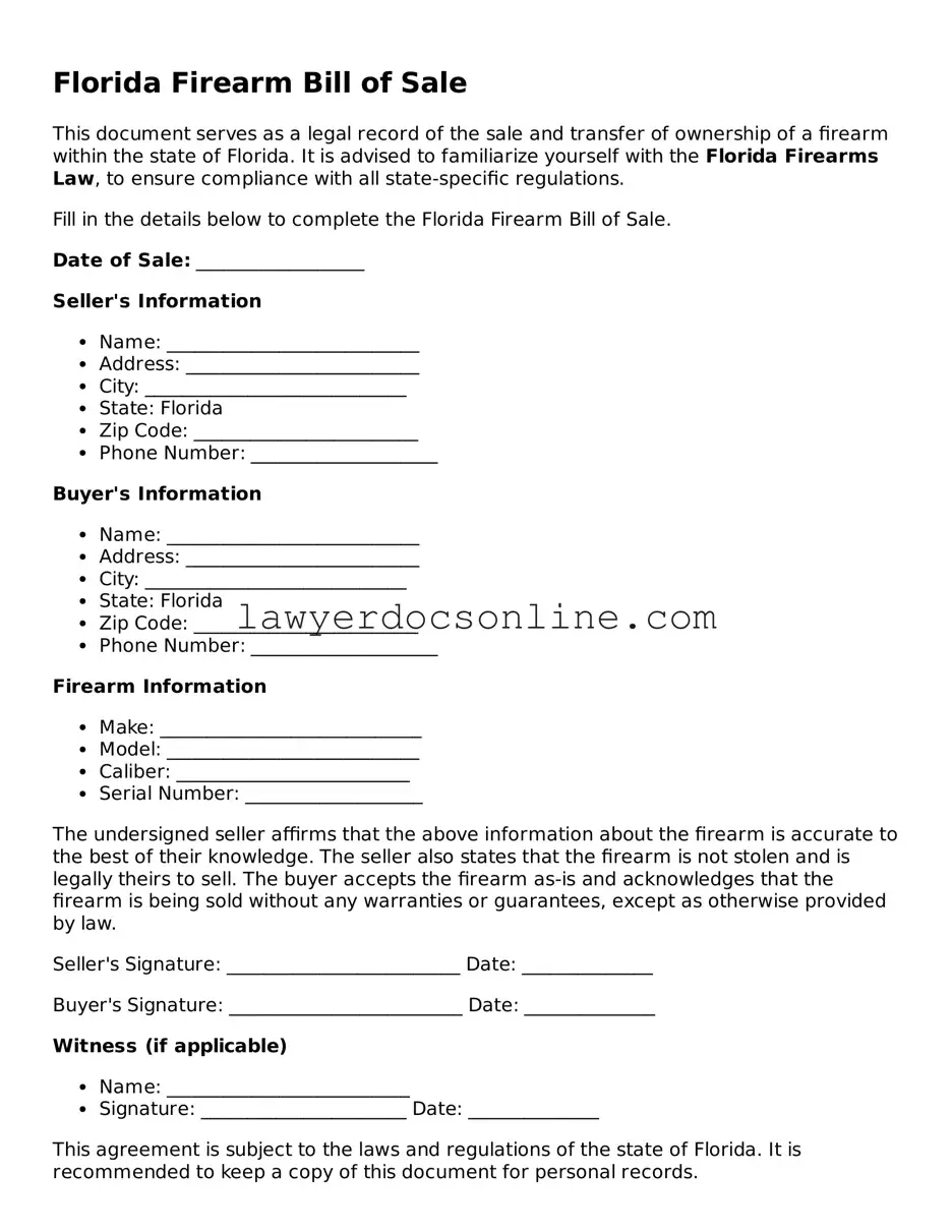 Legal  Firearm Bill of Sale Form for Florida