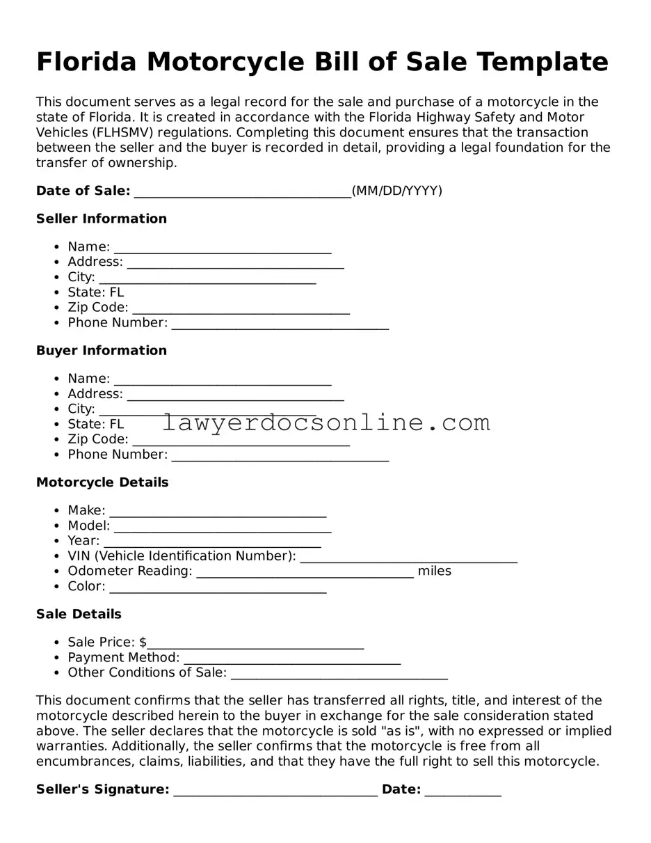 Legal  Motorcycle Bill of Sale Form for Florida