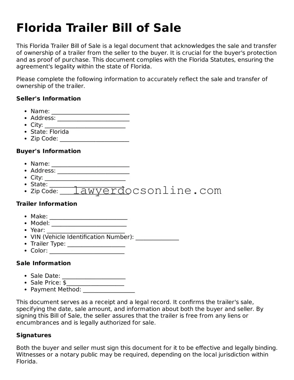 Legal  Trailer Bill of Sale Form for Florida