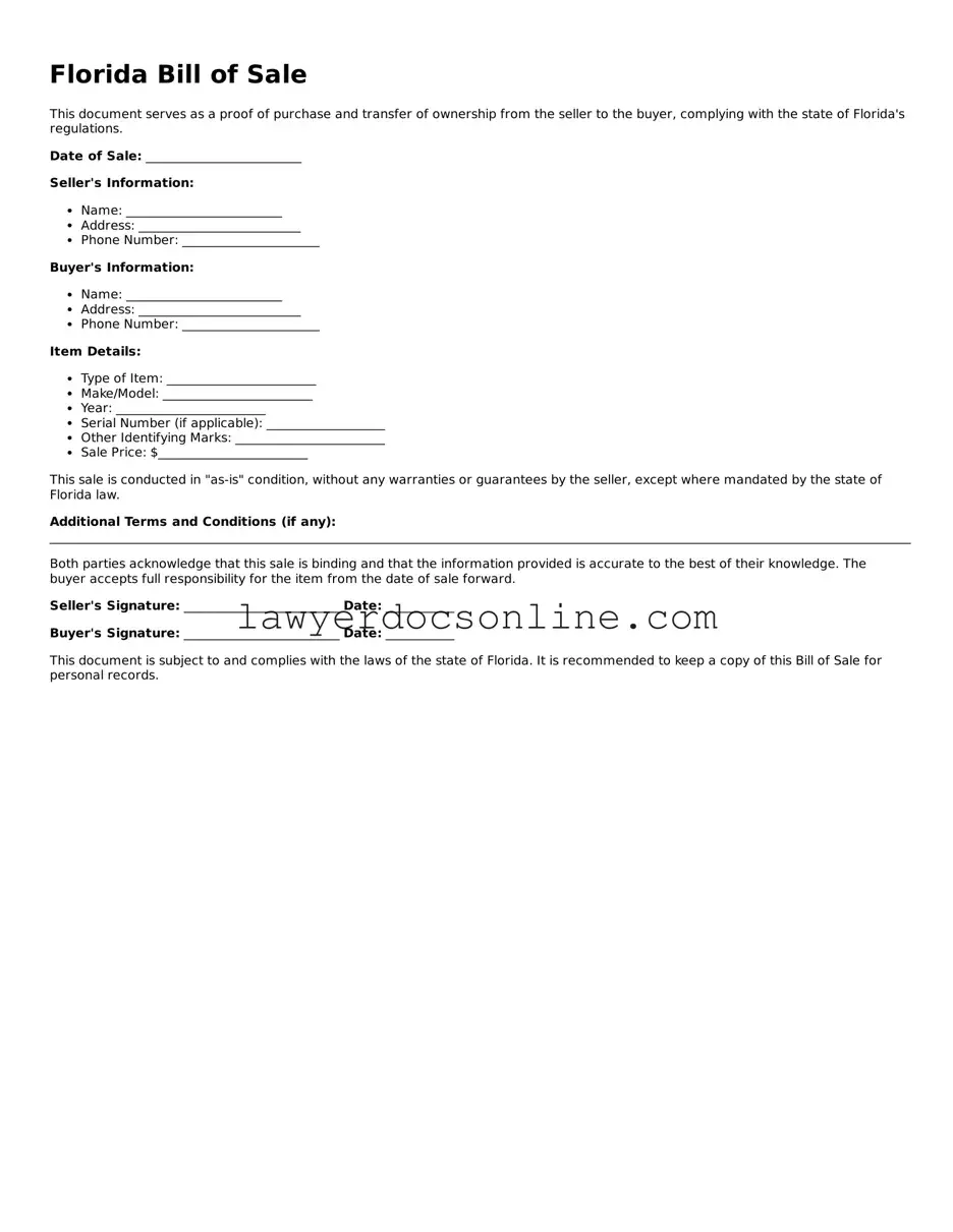 Legal  Bill of Sale Form for Florida