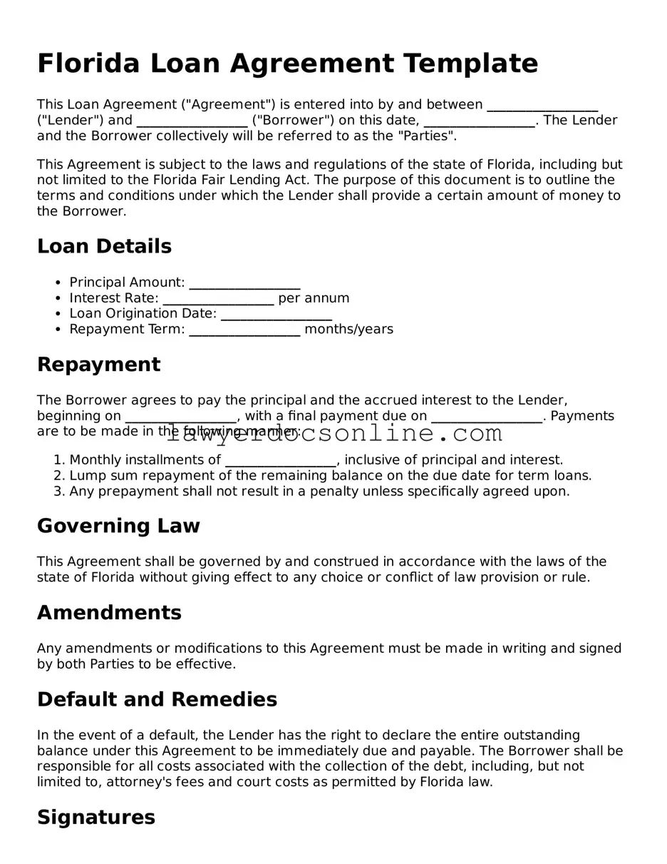Legal  Loan Agreement Form for Florida