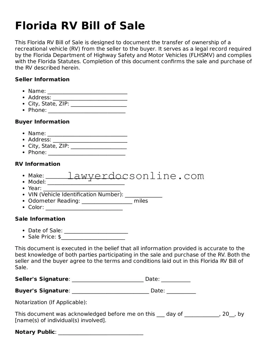 Legal  RV Bill of Sale Form for Florida