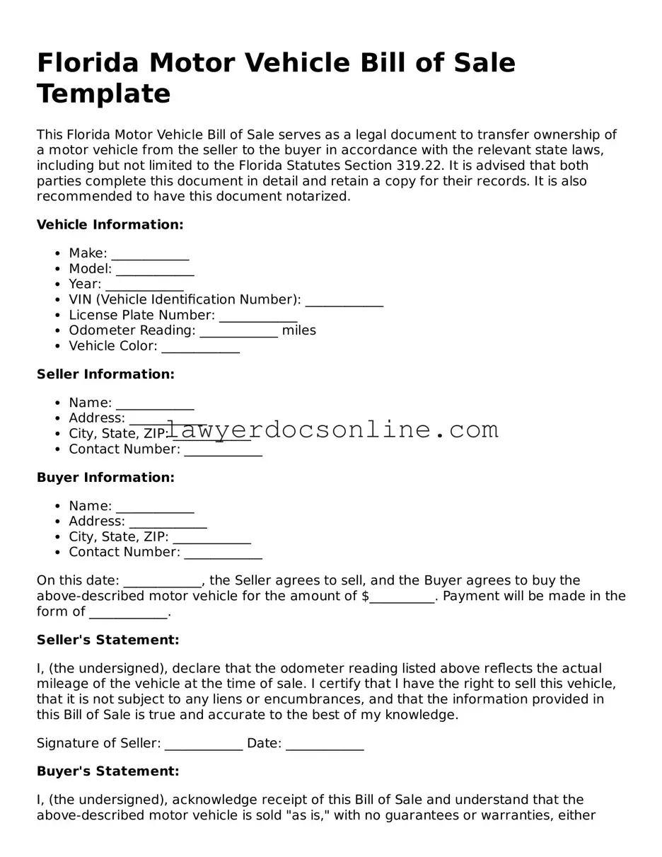 Legal  Motor Vehicle Bill of Sale Form for Florida
