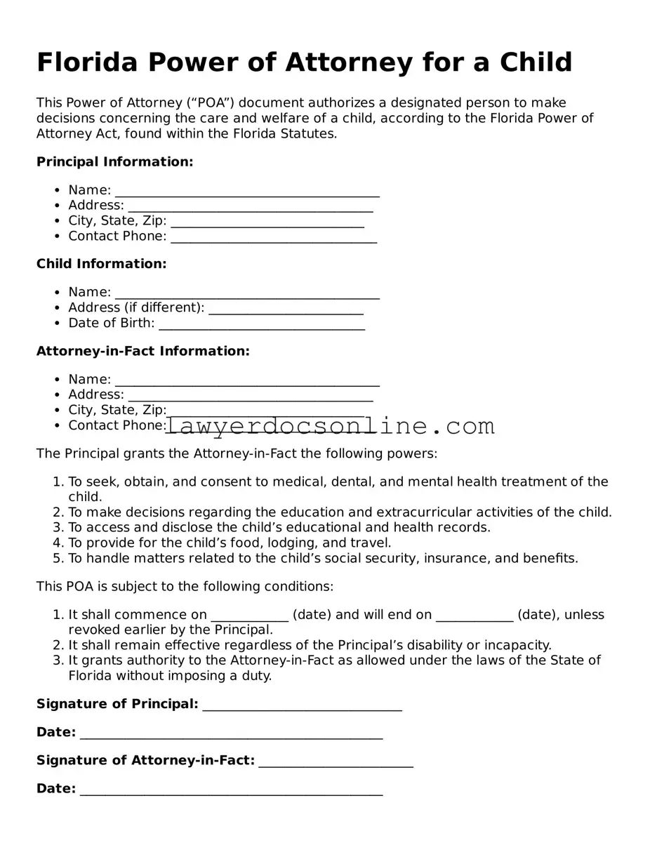 Legal  Power of Attorney for a Child Form for Florida